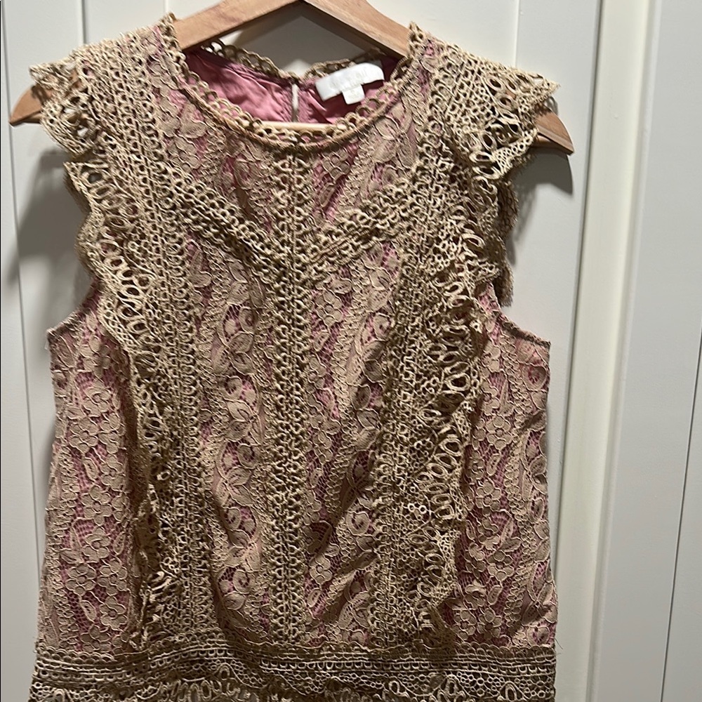 Anthropologie Tan and Pink Ruffled Sleeveless Blouse
